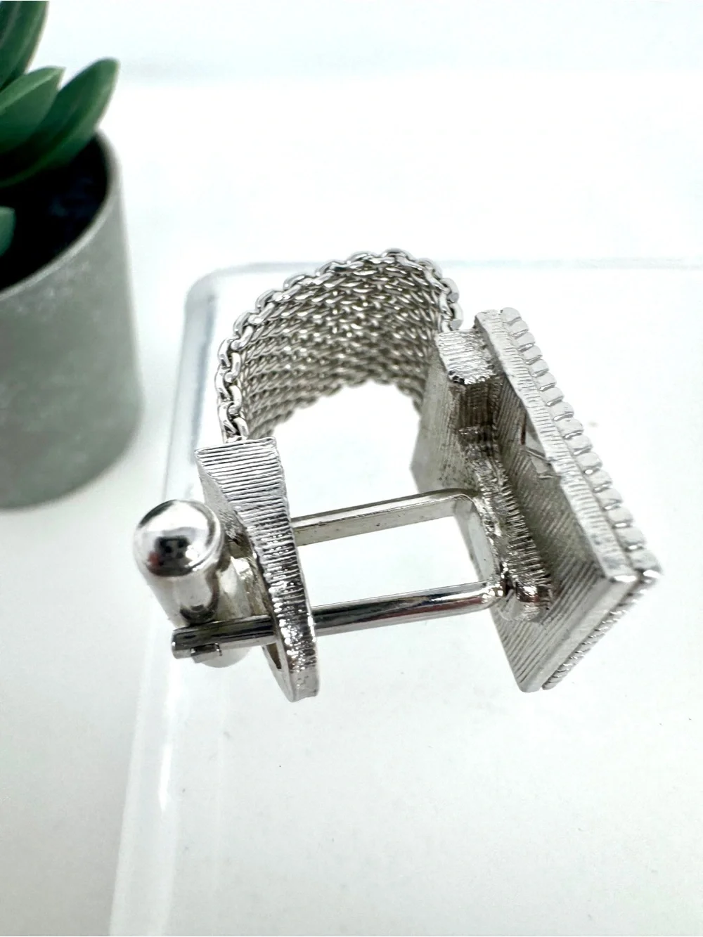 Vintage Swank Men’s 3-Piece Set Silver Tone Mesh Metal Cufflinks &  Tie Bar